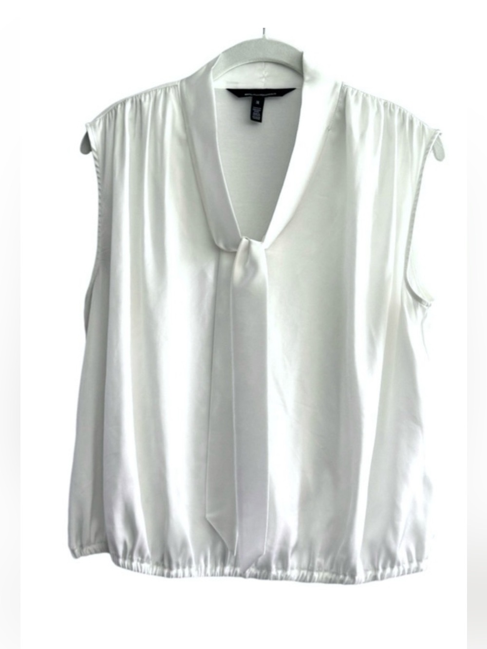 WHBM Sleeveless Suiting Blouse Satin Tie Neck Bubble Hem White Size M